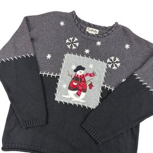 Vintage NWOT Timberlea Women Snowman  Knit Christmas Sweater XL Grey Black